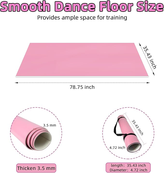Dance Floor Mat Non-Slip with Shoulder Strap Portable and Dance Resistance Band, Dance Floor for Ballet,Jazz, Pop Thick PVC Practice Floor Reusable Mat (Pink, 180cm*90cm*0.35cm)