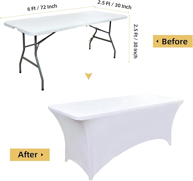 10-Pack 6ft White Spandex Table Covers for Rectangle Standard Folding Tables - Wrinkle Resistant Stretch Tablecloths - Ultimate Fitted Table Protector for Parties, Banquet, Wedding