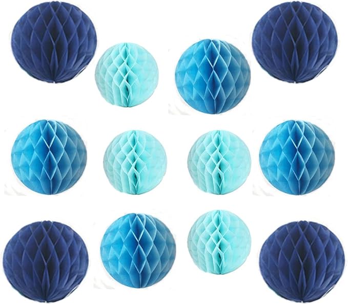 12pcs Party Honeycomb Balls Decorations 4'' 8'' 10'' Honeycomb Ball Flower Tissue Pom Poms Flower Balls Hanging Flower Balls for Baby Shower Birthday Wedding Nursery Decor(4'' 8'' 10'' Blue Kit)