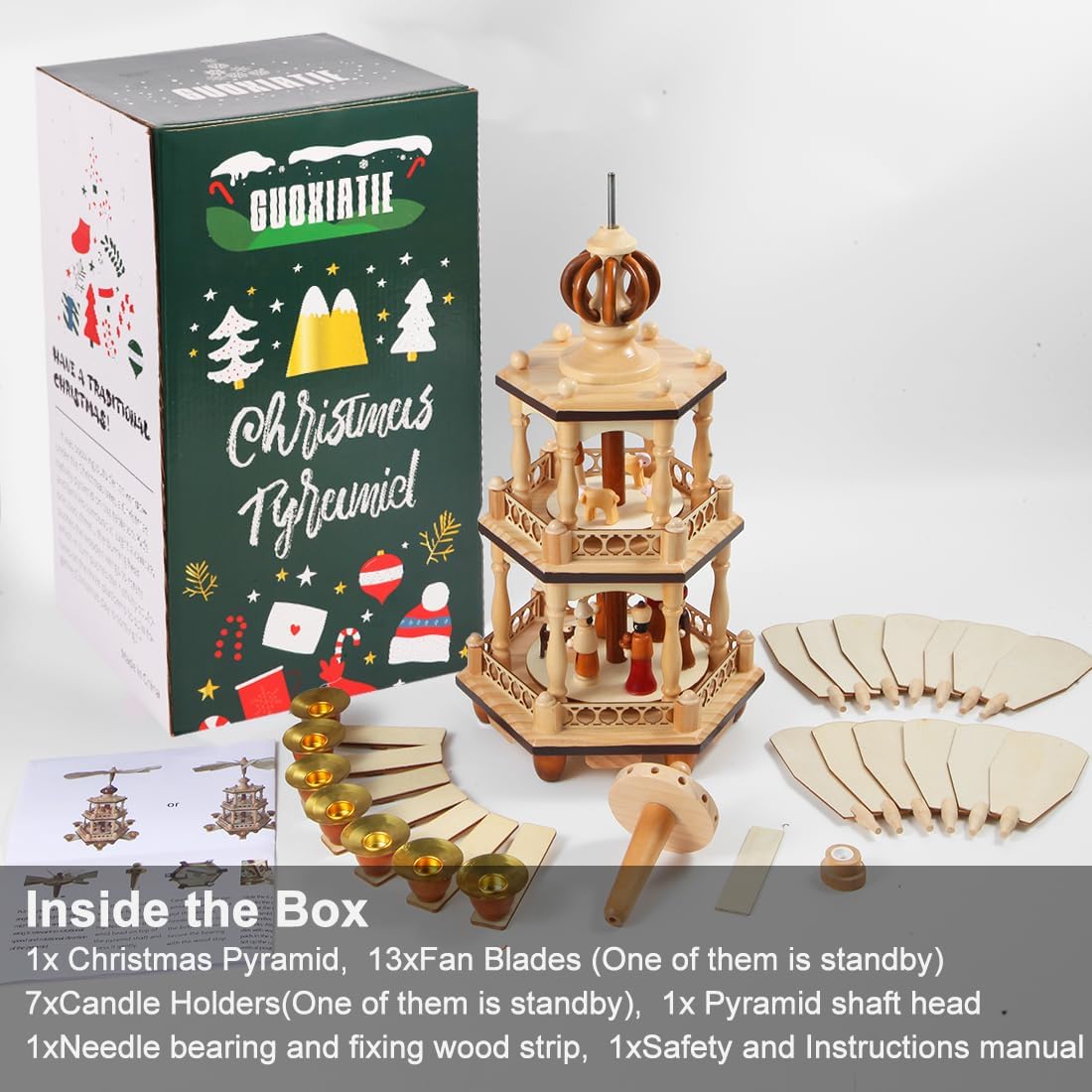 17 Inches Christmas Wooden Pyramid with 6 Candle Holders- Nativity Scene Set-Under The Christmas Tree - Table Top Holiday Decor - 3 Tiers Carousel (Two)