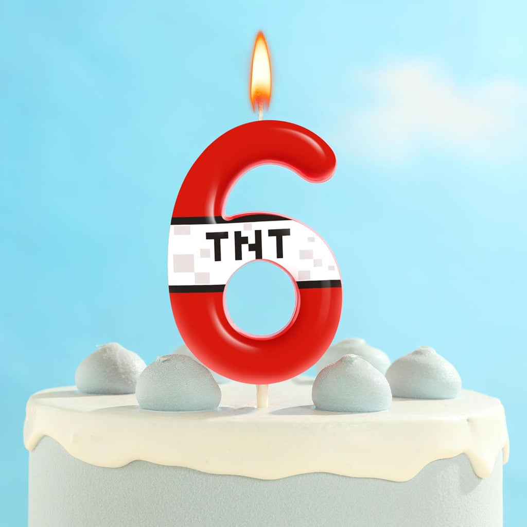 PHD CAKE 2.76 Inch Number 6 Red Pixel Birthday Candles, TNT Themed Number Candles, Cake Number Candles, Party Celebration