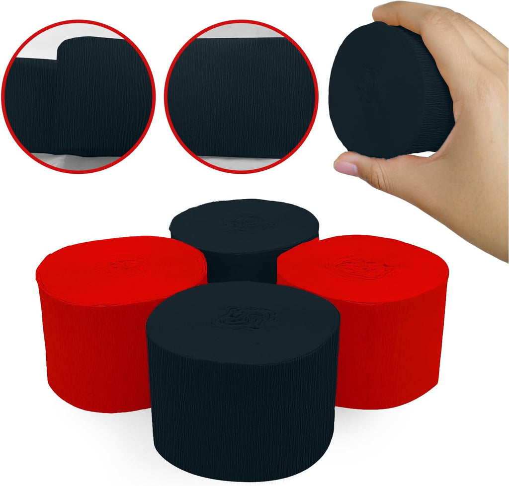 4 Crepe Paper Streamers Rolls, 328ft Pack of Red and Black Crepe Paper for Birthday Wedding Baby Shower Party Decorations (1.8 inch x 82 ft/Roll)