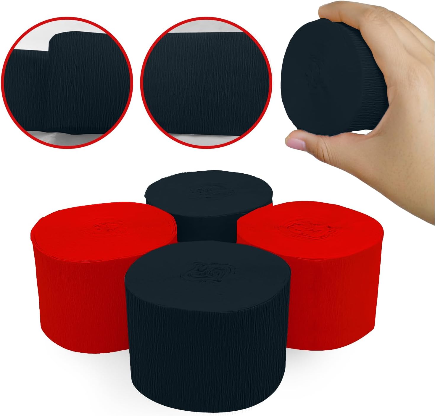 4 Crepe Paper Streamers Rolls, 328ft Pack of Red and Black Crepe Paper for Birthday Wedding Baby Shower Party Decorations (1.8 inch x 82 ft/Roll)