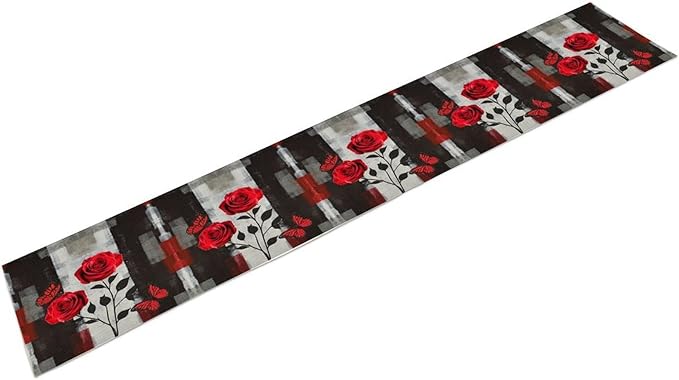 Abstract Art Rose Table Runner, Red Roses Floral Butterfly Black Red Grey Ink Background Pattern Kitchen Dinning Table Runner for Indoor Outdoor Home Wedding Party Holiday, 13x120 Inch