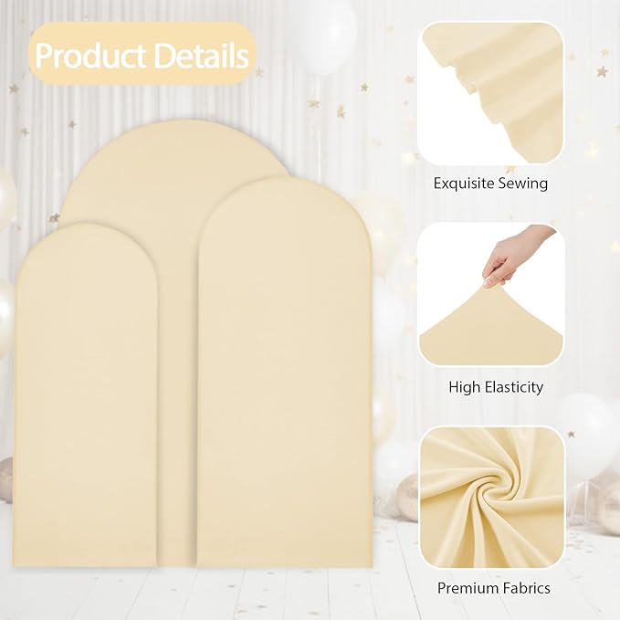 WEERRW Wedding Arch Cover Beige Spandex Fitted Set of 3 Balloon Arch Stand Covers Round Top Chiara Stretchy Backdrop for Birthday Party Baby Shower Banquet Decoration (6FT, 6.6FT, 7.2FT)