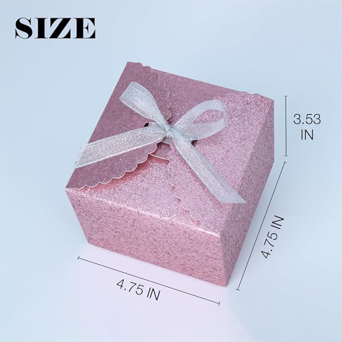 WEWILUCK Pink Glitter Gift Boxes – Foldable Paper Boxes with Ribbon-Tied Lids, Set of 10, Sparkly Present Boxes for Weddings, Bridesmaids, Birthdays, Baby Showers, Party(4.75x4.75x3.53)