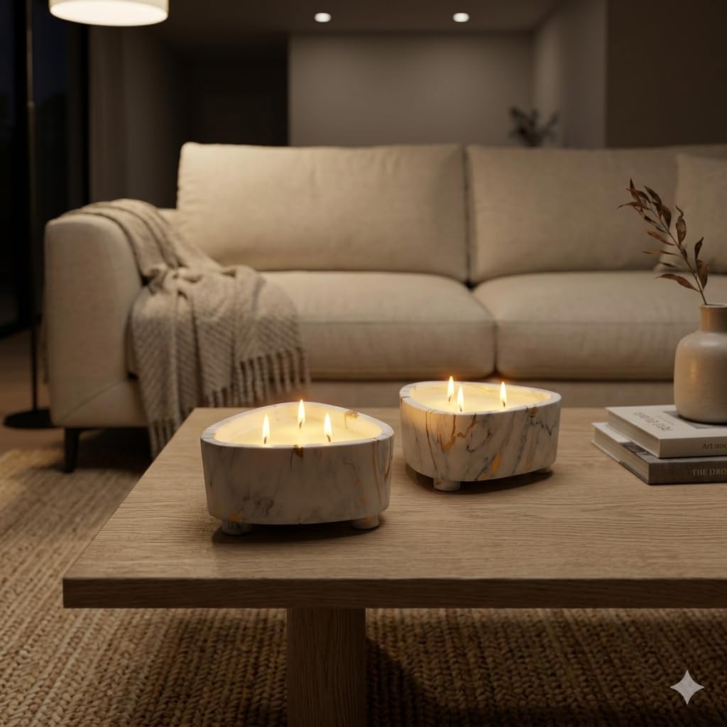 Floral Scented Triangular Ceramic Candle Bowl - 15 Oz, White & Gold, Reusable by Aria Home