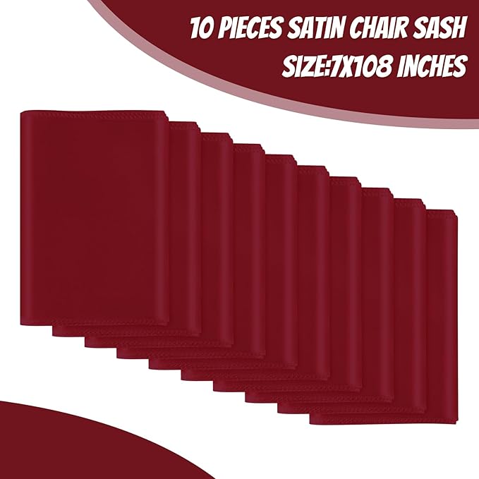10 PCS Burgundy Satin Chair Sashes Bows Universal Chair Ribbon Ties Back Sash for Wedding Party Reception Events Banquets Hotel Event Chair Cover Decoration (7x108 inch)