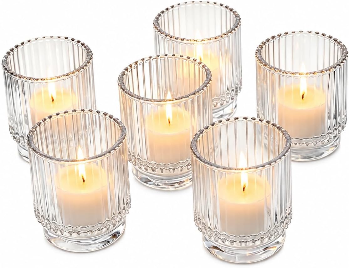 Kate Aspen Vintage Ribbed Red Glass Candle Holders Set of 6 - Votive & Tealight Candle Holder Decor for Holiday Table Decor, Christmas Dining Tablescape, Fall & Boho Home Accents (Clear)