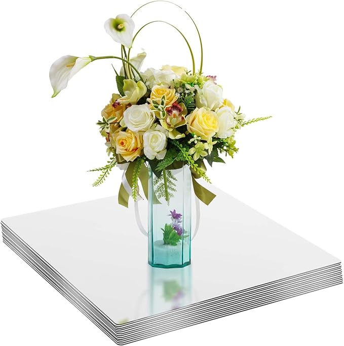 12Pcs Square Mirror Candle Plate for Table Centerpieces, 10" x 10" Acrylic Mirror Tiles Frameless Craft Mirrors Self-Adhesive Mirror Plate for Wedding Table Candle Plate Craft Christmas Decorations