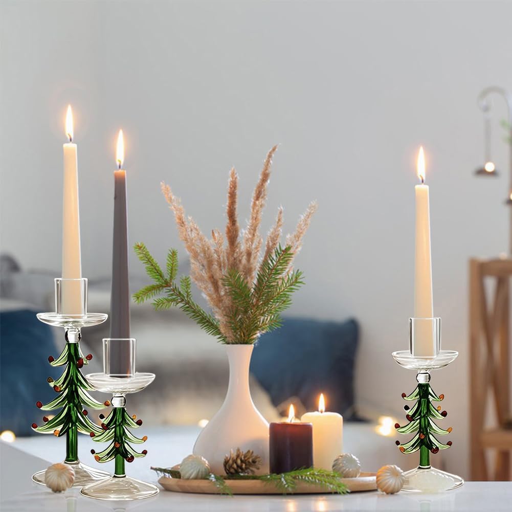 3Pcs Christmas Tree Candle Holder Christmas Taper Candlesticks Holders Green Glass Table Centerpieces Decoration for Xmas Party Wedding Mantel Decor