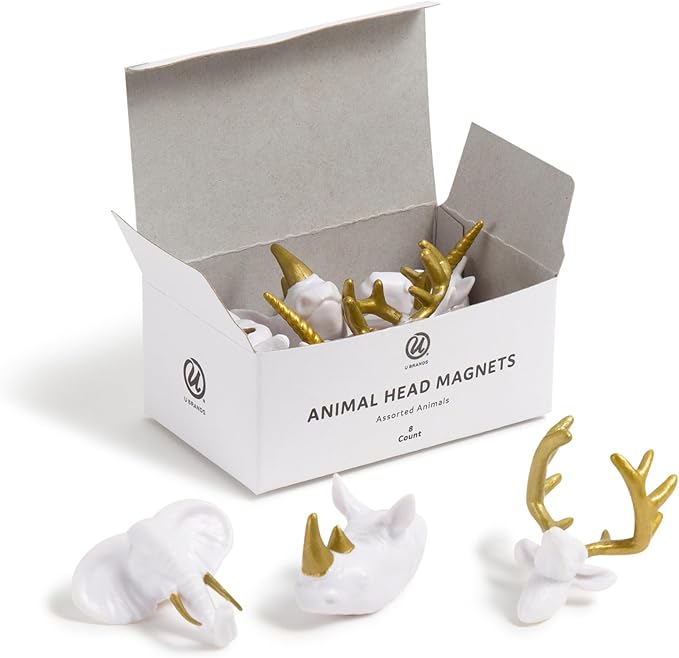 U Brands Mini Flower Fashion Small Magnet Set, White and Gold Animal Heads, 12 Count, Office Supplies for Classroom or Office Decor, Cute Magnets for Whiteboard