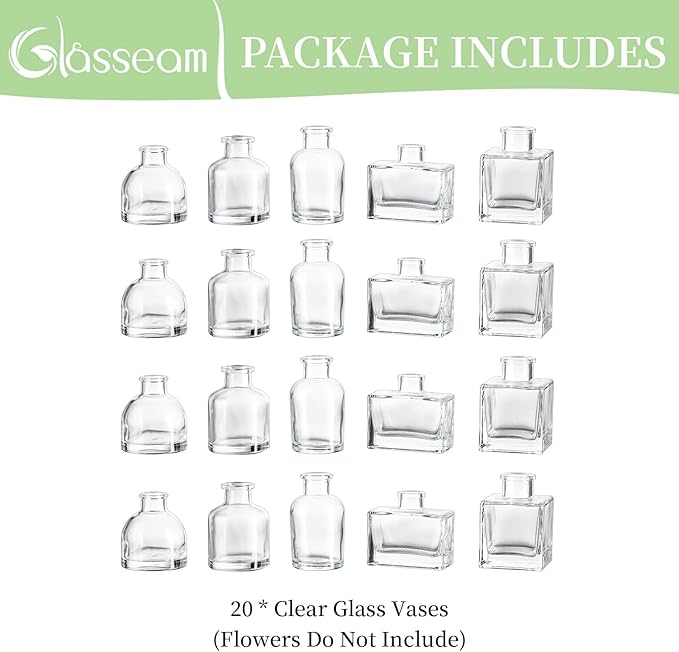 Glasseam Mini Bud Vases for Centerpieces: Clear Small Flower Vase Set of 20 Cute Tiny Glass Vases for Flowers Modern Decorative Wedding Table Centerpiece for Dining Room Decoration