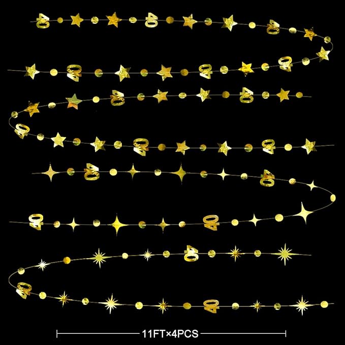 Gold 40th Birthday Decorations Number 40 Circle Dot Twinkle Star Garland Metallic Hanging Streamer Bunting Banner Backdrop for Women Mens 40 Year Old Birthday Forty Anniversary Party Supplies