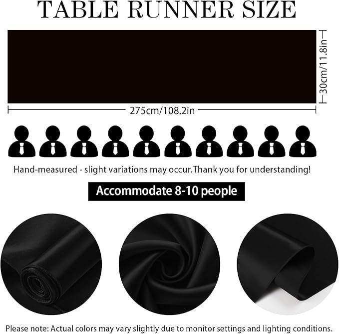 SHEJIZE 10 Pack Black Satin Table Runner 12x108 Inches Long, Bright Silky Smooth Satin Table Runner Table Decor for Wedding Banquet Christmas Prom Event Birthday Party