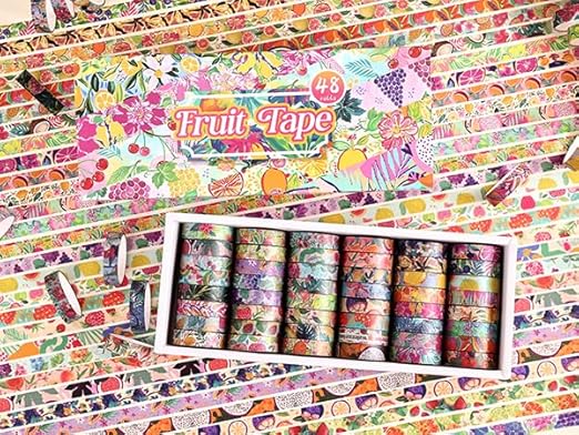 48 Rolls Fruit Theme Washi Tape Set, Writable Decorative Tapes for Scrapbooking, Bible Journaling, Bullet Journaling, 0.39"x79" per Roll