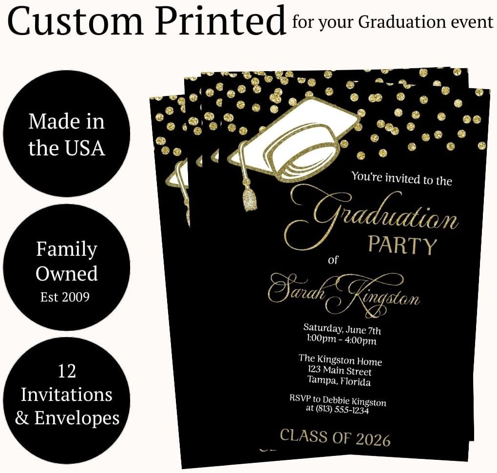 Graduation Invitations Black And Gold, Grad Cap Confetti Invite | Set of 12 | Customizable High School College Announcement Invites With Envelopes