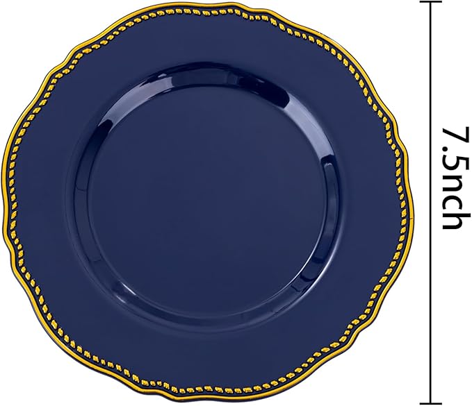 Hioasis 60pcs Blue Plastic Plates - Blue and Gold Disposable Dinnerware with Gold Rim, Heavy-duty, 7.5 inch, Dessert Plates for Party & Wedding