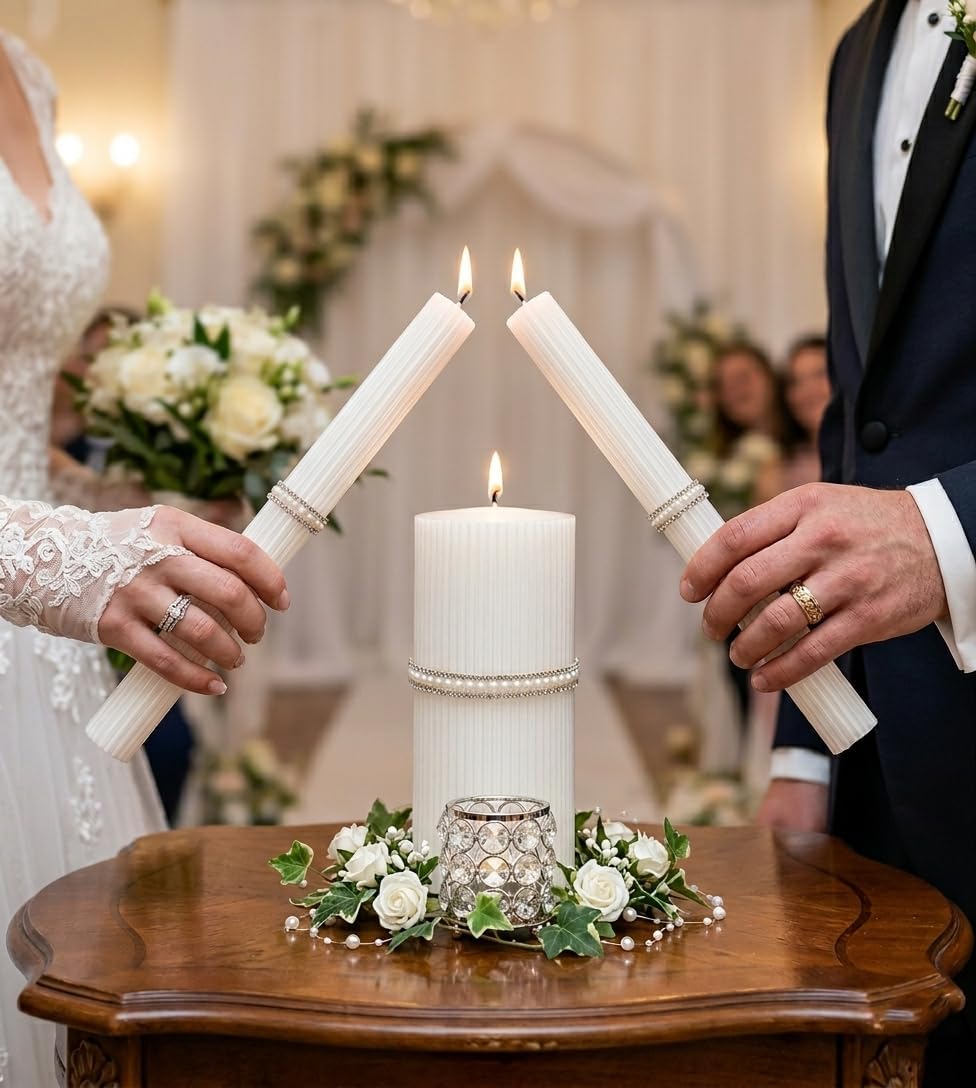 Unity Candle Set - Wedding Ceremony & Reception – 6” Pillar & Two 10” Taper Candles – Long Burning Unity Candles for Marriage Ritual & Home Decor– Handmade in USA – King|White