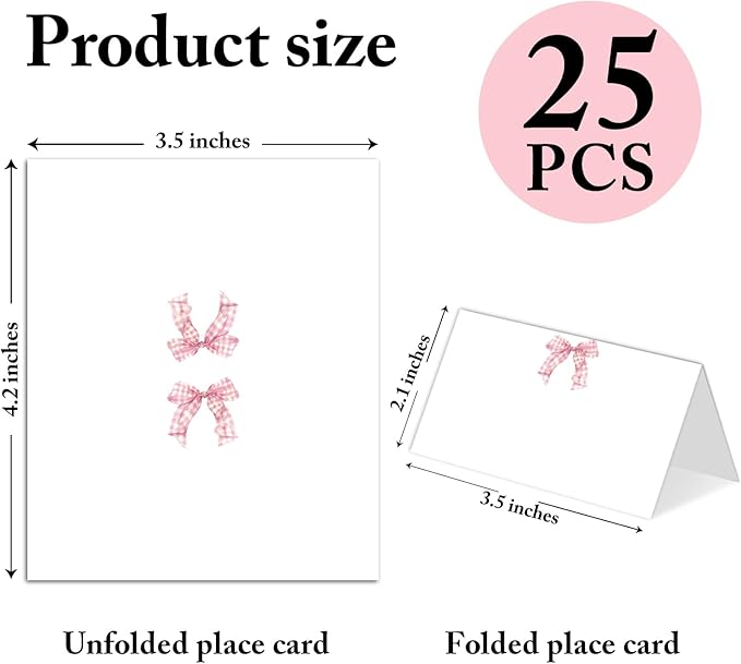 25 Pack Pink Plaid Bow Place Cards, Editable Name Cards for Table Setting, Tent Cards Food Label for Dinner Party, Bridal Shower, Wedding, Baby Shower and Events -T30