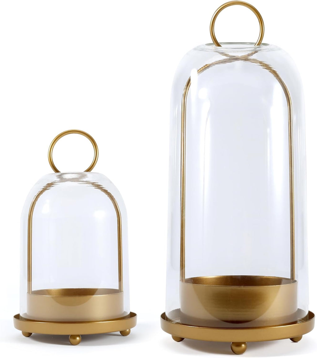 Hurricane Glass Candle Holders, Large & Medium Brass Lanterns Hurricane Candlestick Holder for Pillar Candles Vintage, Gold Metal Rustic Farmhouse Decor with Hook Chains
