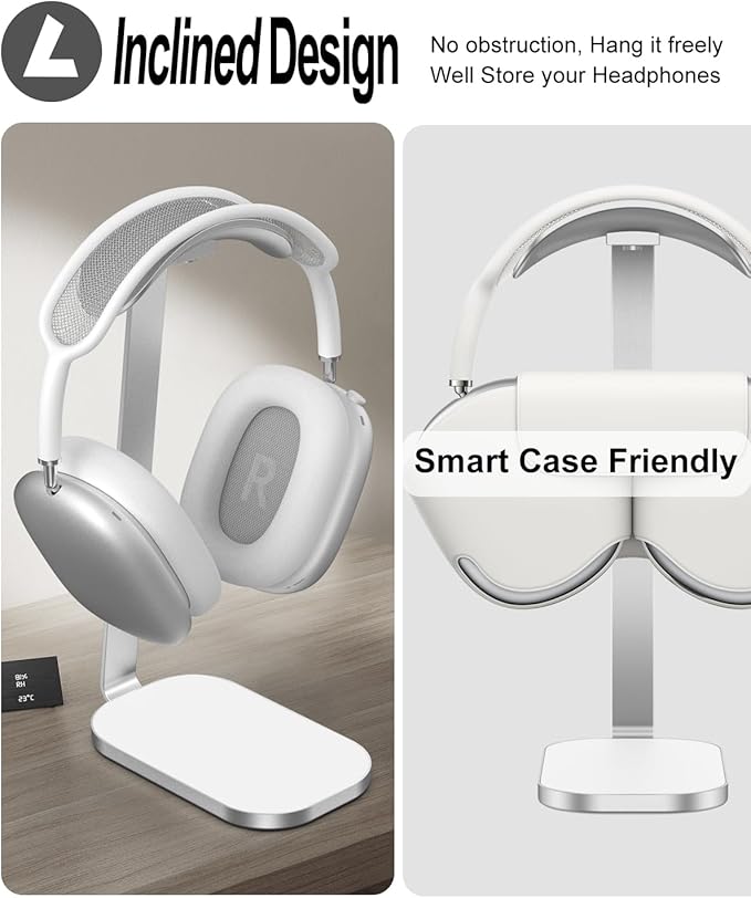 VICHYIE Headphone Stand for AirPods Max, Headset Holder with Aluminum Supporting Rod, Heavy Base Desk Stand Headphones Support Accessory for All Headphones - Silver White