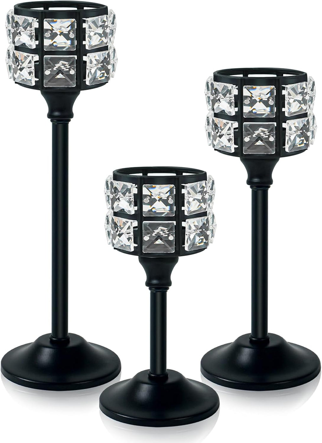 Crystal Metal Candle Holder, Square Crystal Beads Bling Tea Light Candlestick, Tall Votive Candelabra Elegant Centerpiece for Table Wedding Decoration, Home Decor (Black, Set of 3)