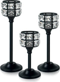 Crystal Metal Candle Holder, Square Crystal Beads Bling Tea Light Candlestick, Tall Votive Candelabra Elegant Centerpiece for Table Wedding Decoration, Home Decor (Black, Set of 3)
