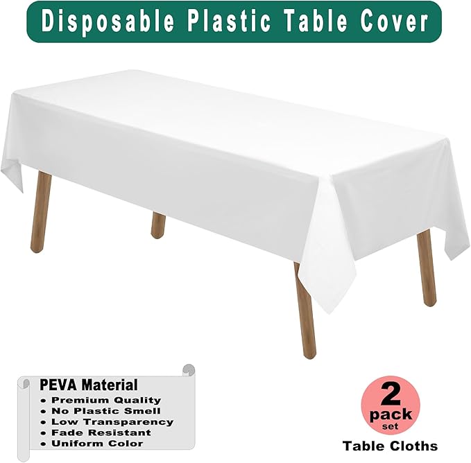 PARTY ULYJA White Plastic Tablecloths 2 Pack Disposable Table Covers 54 x 108 Inch Bridal Shower PEVA Vinyl Table Cloths for Picnic Birthday Wedding Banquet Parties 8 ft Rectangle Table Use