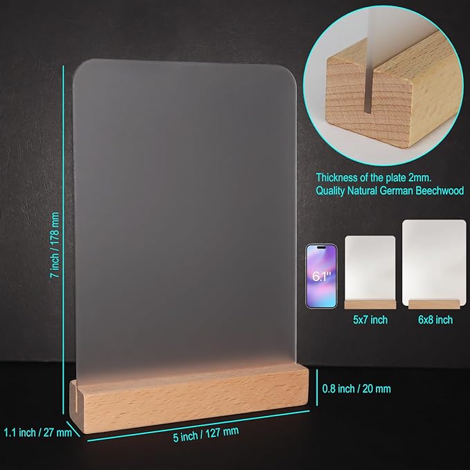 Frosted Blank Rectangle Acrylic Sign with Wooden Stands - 10 Pack DIY Customizable Sign Kit for Wedding Table Numbers, Restaurant Party Bridal Shower (5x7 Inch)