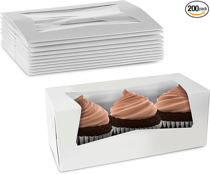 MT Products White Cupcake Boxes 9" x 4" x 3.5" - Auto Pop-Up Bakery Boxes with Window (Pack of 200) - Made in the USA