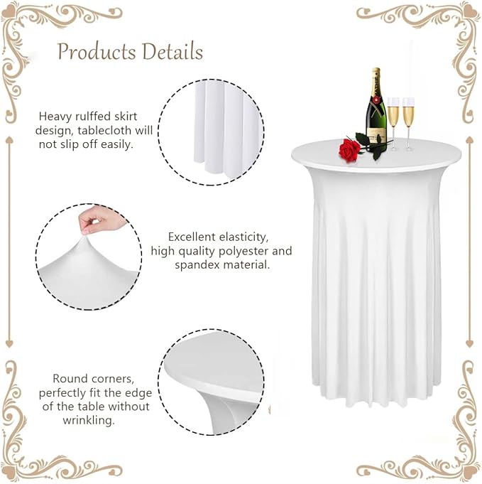 Albassa 2 Pack Cocktail Table Covers 32"x 43" Spandex Stretch Round Cocktail Tablecloths with Wavy Drapes Fitted High Top Bar Table Skirt for Wedding Party Banquet (White, 2 PCS)