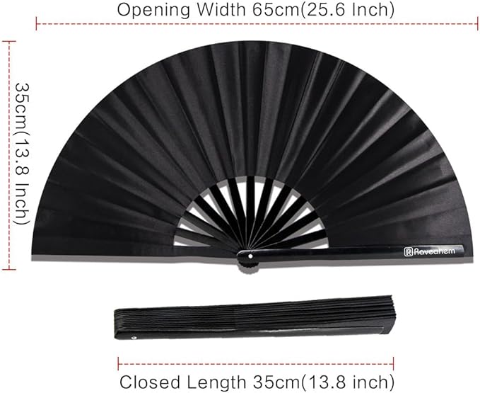 13" Large Rave Fan Bamboo, Folding Clack Hand Fans Foldable for Men Women, Boots on the Ground Poping Fan for EDM Festival Line Dance Decoration, (Black2, Large 13")