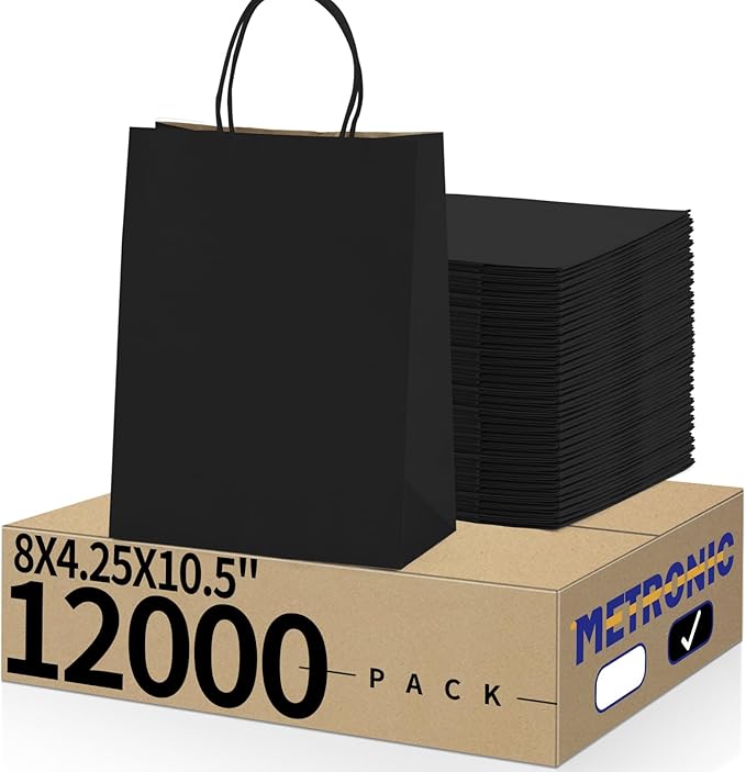 METRONIC Kraft Paper Gift Bags with Handles 8x4.75x10.5 Inch 12000 Pack | Christmas, Birthday Party Favors, Retail Shopping, Small Business Bulk | Black Gift Wrap Bag