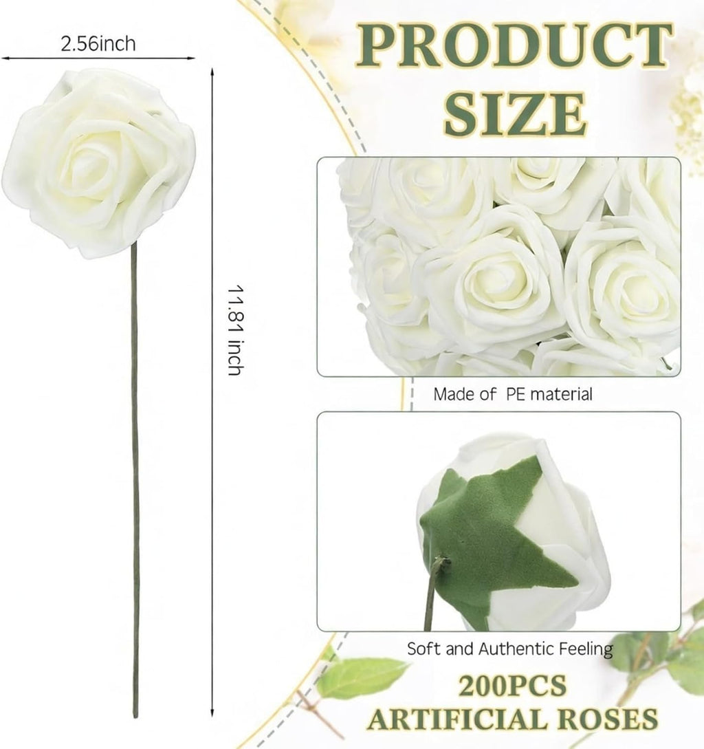 tigeen 200 pack white artificial roses with stems shown in use