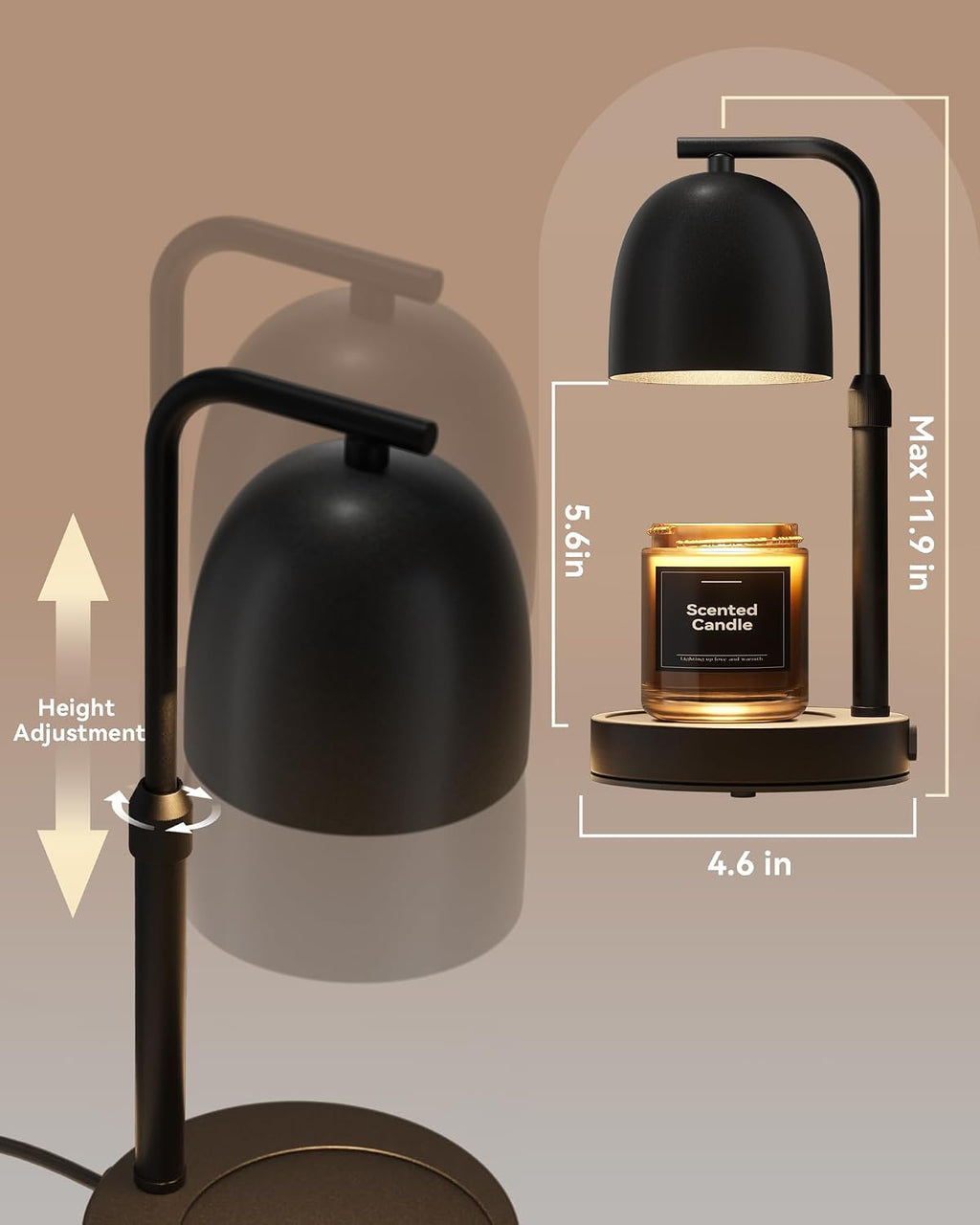LISUNAR Candle Warmer Lamp with Timer Dimmable, Adjustable Height Black Candle Warmer for Jar Candles, Birthday Gifts for Women & Men, Office Decor, House Warming Gift, Wax Melt Warmer with 2 Bulbs