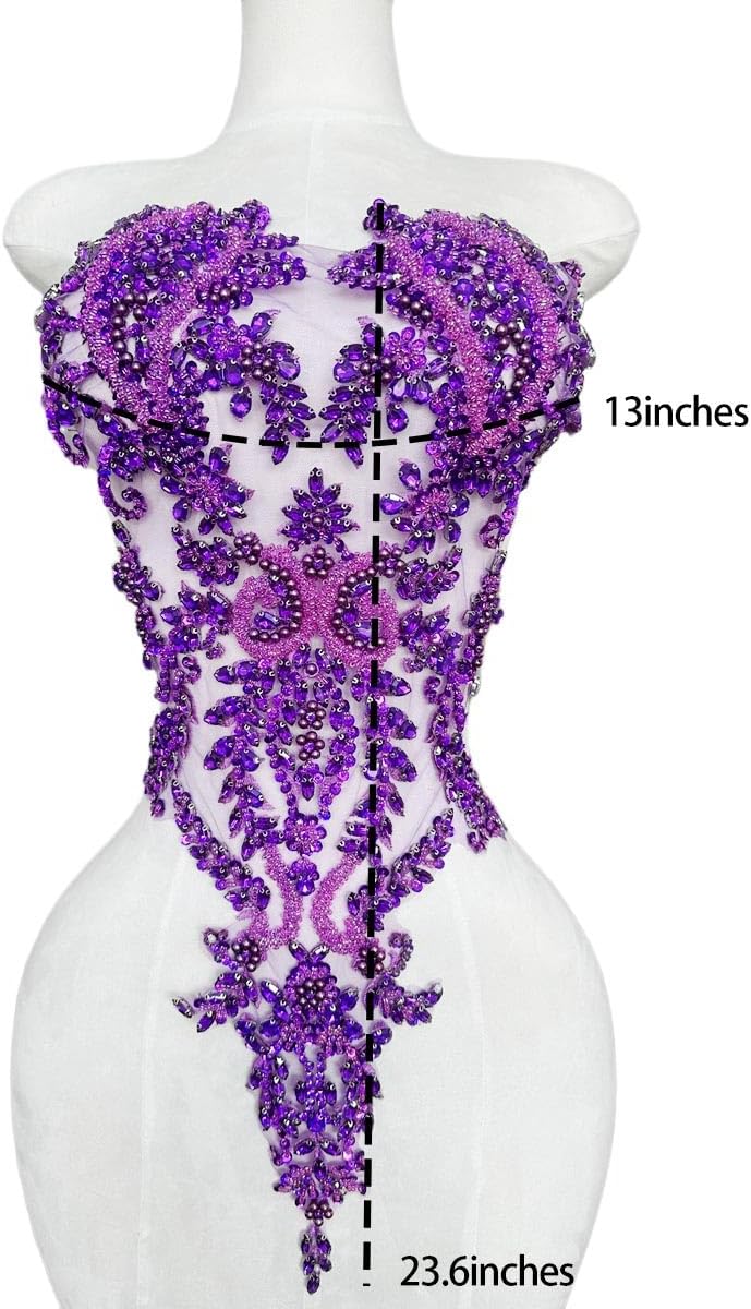 Handmade Rhinestones Lace Bodice Applique Sew on Beads Sequins Trimming Patch...