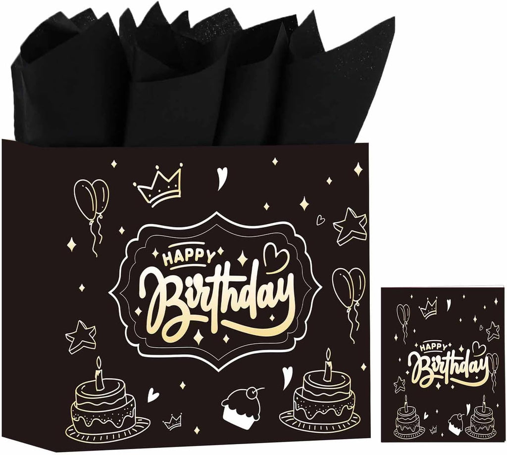 DUGUTUL Upgraded 13" Black Happy Birthday Gift Bag with Tissue Paper and Greeting Card for Party, Gold-Foil “Happy Birthday” Gift Bag for Men Women Boy Girl, Inner-Bond Handles – No Punch Holes, No Rip-Outs