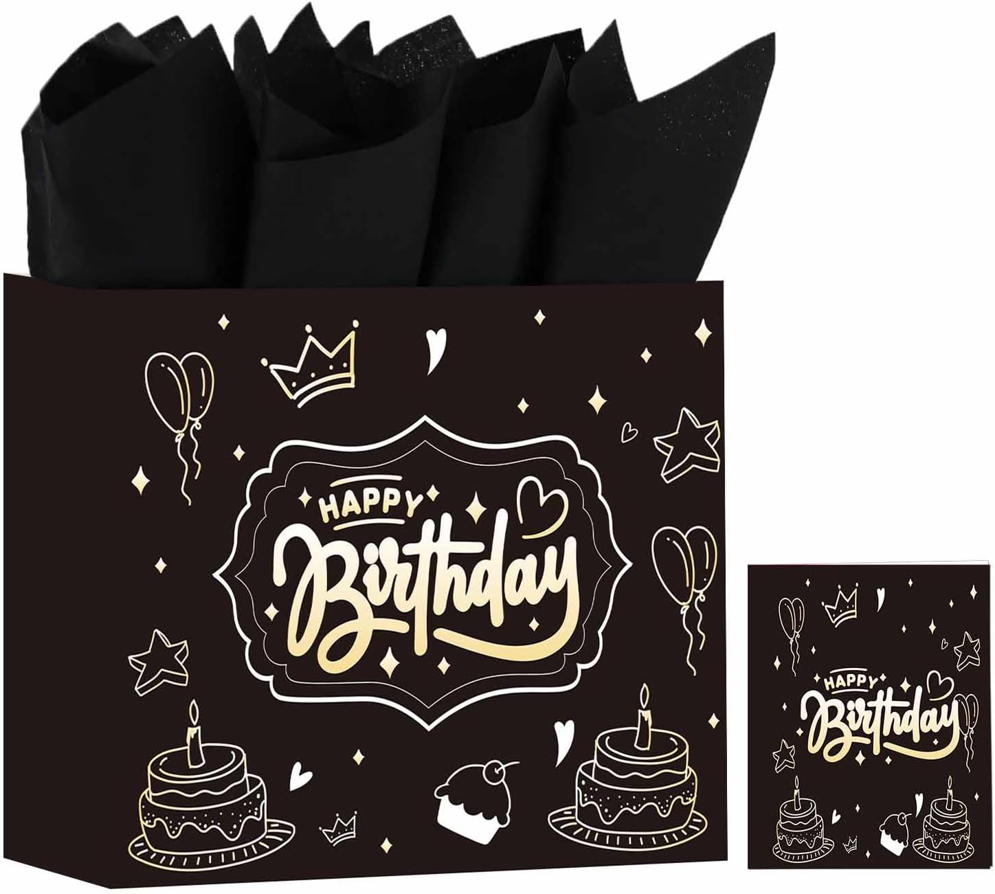 DUGUTUL Upgraded 13" Black Happy Birthday Gift Bag with Tissue Paper and Greeting Card for Party, Gold-Foil “Happy Birthday” Gift Bag for Men Women Boy Girl, Inner-Bond Handles – No Punch Holes, No Rip-Outs