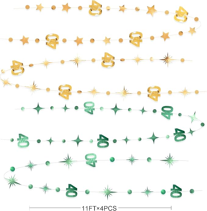 Sage Green Gold 40th Birthday Decorations Number 40 Circle Dot Twinkle Star Garland Streamer Banner Backdrop for Women Mens Cheers to 40 Years Old Birthday Happy 40th Anniversary Party Supplies