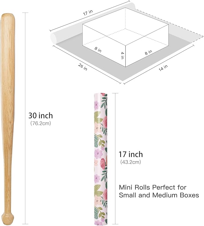 RUSPEPA Floral Wrapping Paper Roll for Women Girls, Mini Roll, Watercolor Pink Rose Gift Wrap, Flower and Foliage Paper for Wedding, Birthday, Mother's Day, Spring, Bridal Shower, 17 Inch X 16.4 Feet