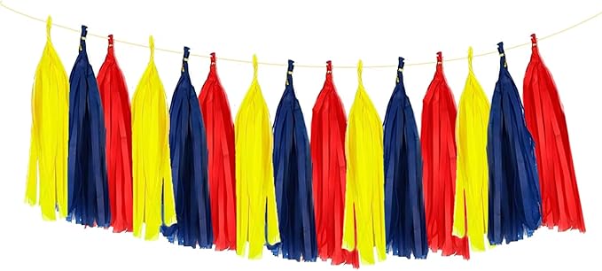 ZOOYOO Tassel Garland Tissue Paper Tassel Banner Table Decor,DIY Kits for Birthday Party Decorations,Pack of 15(Red Blue Yellow)