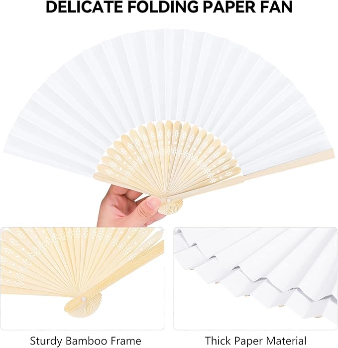 Aneco 48 Pieces Handheld Paper Fans Paper Folding Fans with Bamboos for Wedding Gift, Party, Home, DIY, White
