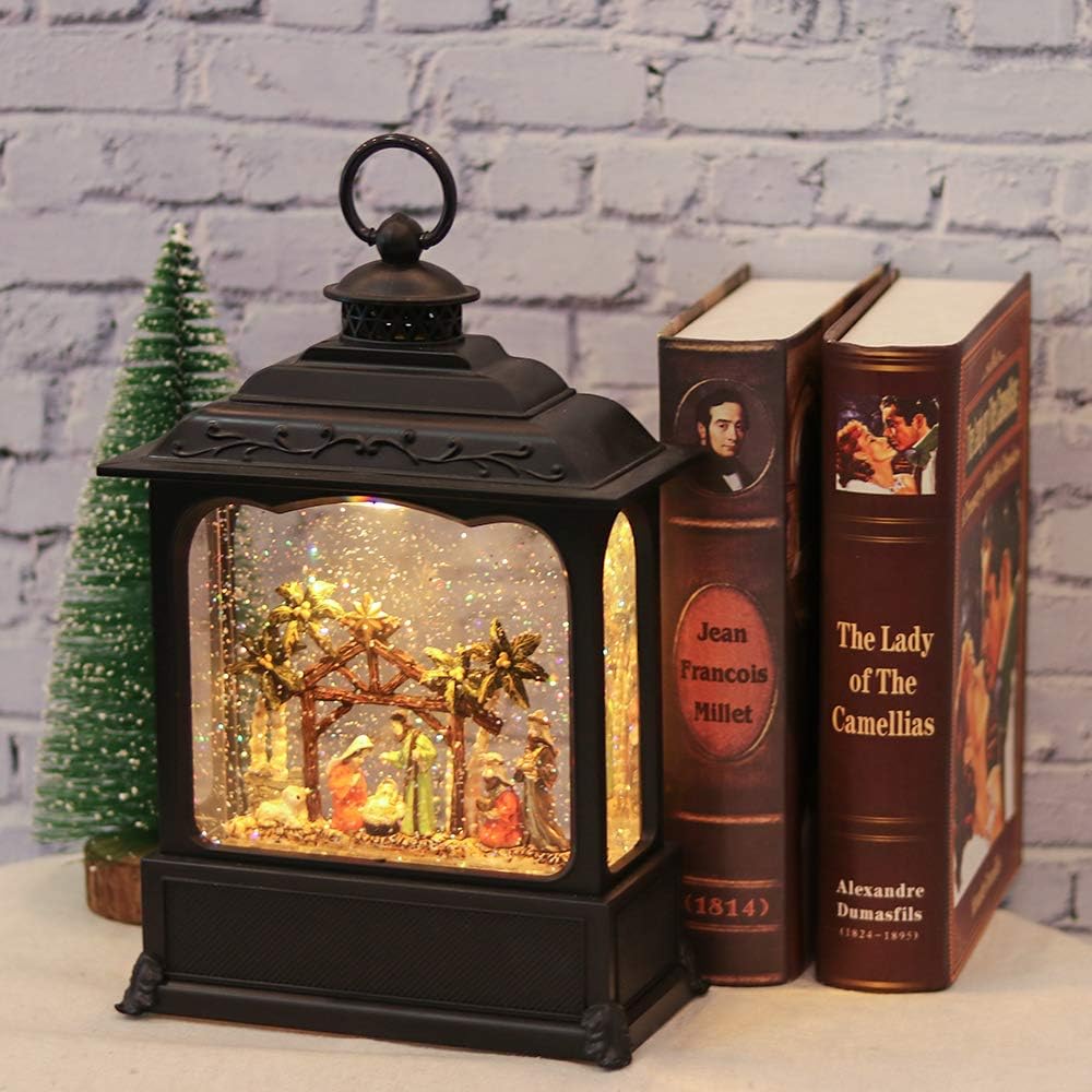 Eldnacele Musical Snow Globe Lantern with Timer, Lighted USB/Battery Operated Swirling Singing Water Glittering Lantern, Snow Globes for Adults and Kids Christmas Decoration- Nativity