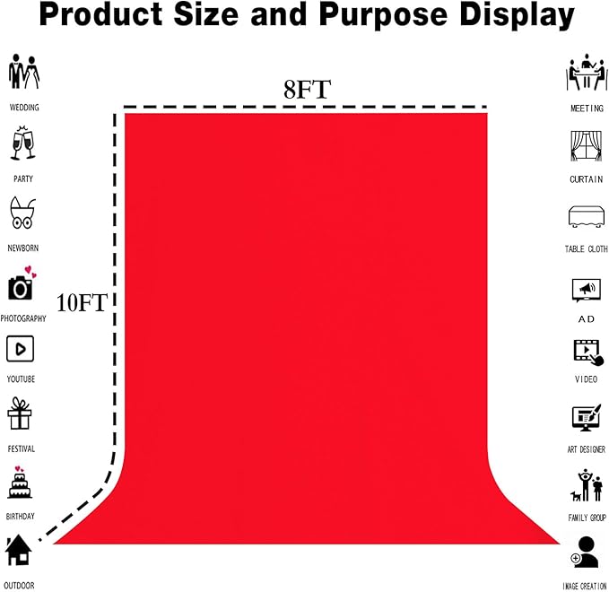 8x10FT Red Screen Backdrop for Photography Red Photo Booth Backdrop for Photography Background Video Recording Parties Curtain