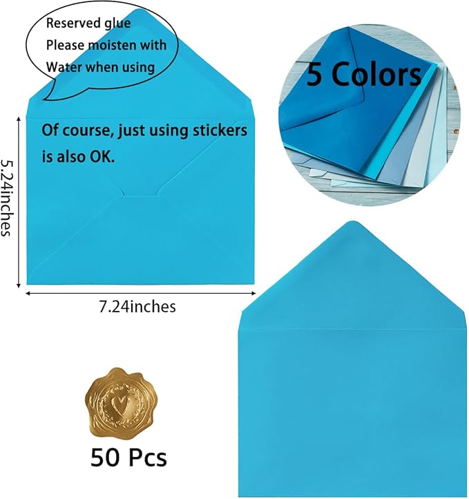 50 Pack Colored A7 Invitation Envelopes 5x7 with Gold Stickers for Cards and Invitations, 5 Colors (Blue, 5 1/4 x 7 1/4 inches)
