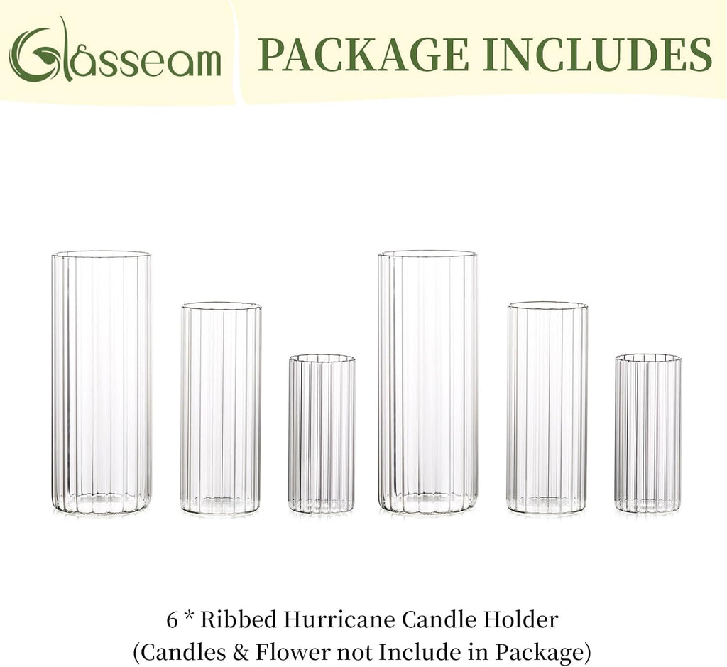 Glasseam Ribbed Glass Candle Holder, Cylinder Candle Holders for Pillar Candles, Clear Hurricane Candle Holder Set of 6, Decorative Floating Candle Vases for Centerpieces Wedding Table Decorations