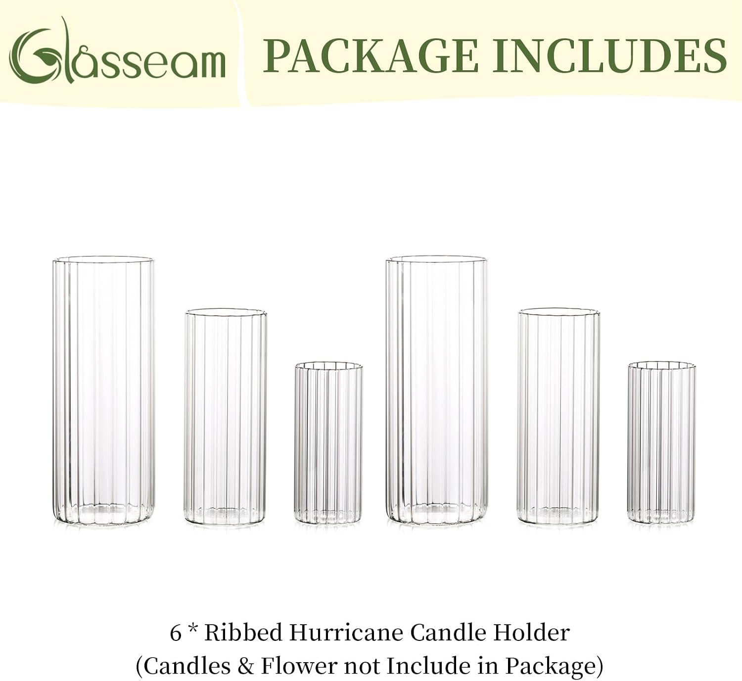 Glasseam Ribbed Glass Candle Holder, Cylinder Candle Holders for Pillar Candles, Clear Hurricane Candle Holder Set of 6, Decorative Floating Candle Vases for Centerpieces Wedding Table Decorations