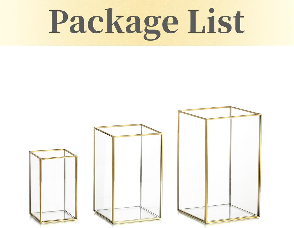 Hewory Glass Hurricane Candle Holder: Gold Hurricane Candle Holders with Metal Frame Square Set of 3, Clear Candle Holder for Table Centerpiece Wedding Christmas Engagement Birthday Party Decorations