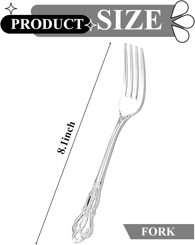 75PCS Silver Plastic Forks - 8.1inch Silver Forks Disposable - Vintage Heavy Duty Dessert Forks - Premium Fancy Plastic Silverware for Parties, Weddings, Dinners and Events